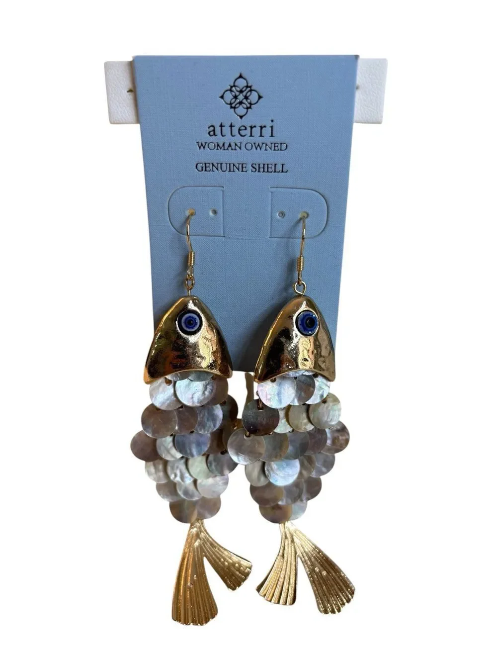 Hammered Gold Tone Evil Eye Fish Dangle Drop Earrings w/ Iridescent MOP scales.